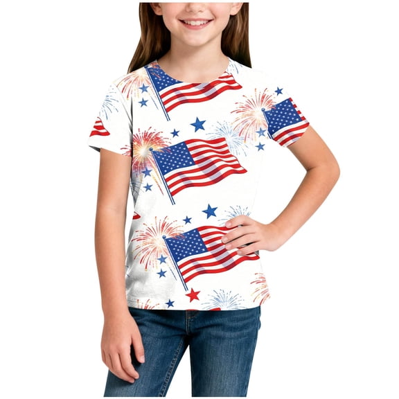 Cethrio Girls 4th of July T-shirts, Crew Neck Summer Casual Short Sleeve Graphic Tees White Size 3-14 T