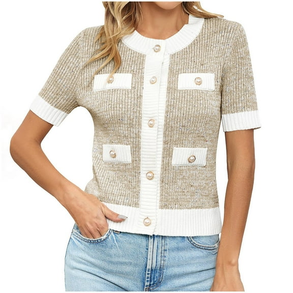 HongQid Women's Short Sleeve Sweater Spring Summer Crochet Knit Tops Crew Neck Striped Button Down Dressy Casual Blouses