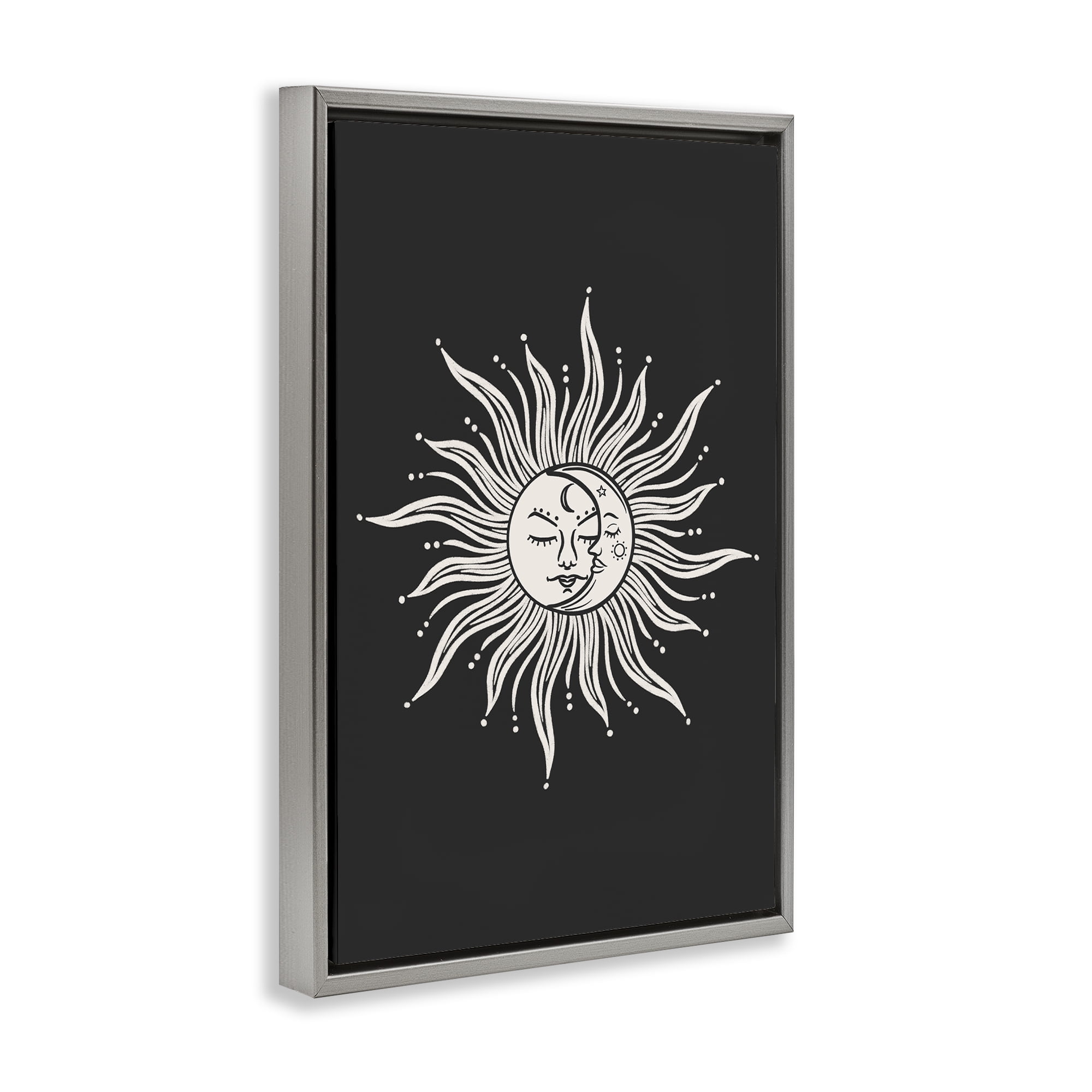 Stupell Industries Celestial Sun on Black Astrology & Stars Painting Gray Floater Framed Canvas Art Print Wall Art, 17 x 25