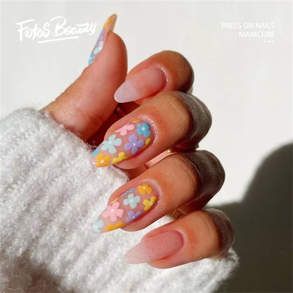 Fofosbeauty 24pcs Press on False Nails, Almond Acrylic Nails,Colorful Flowers and Flowers Are Icy in Summer