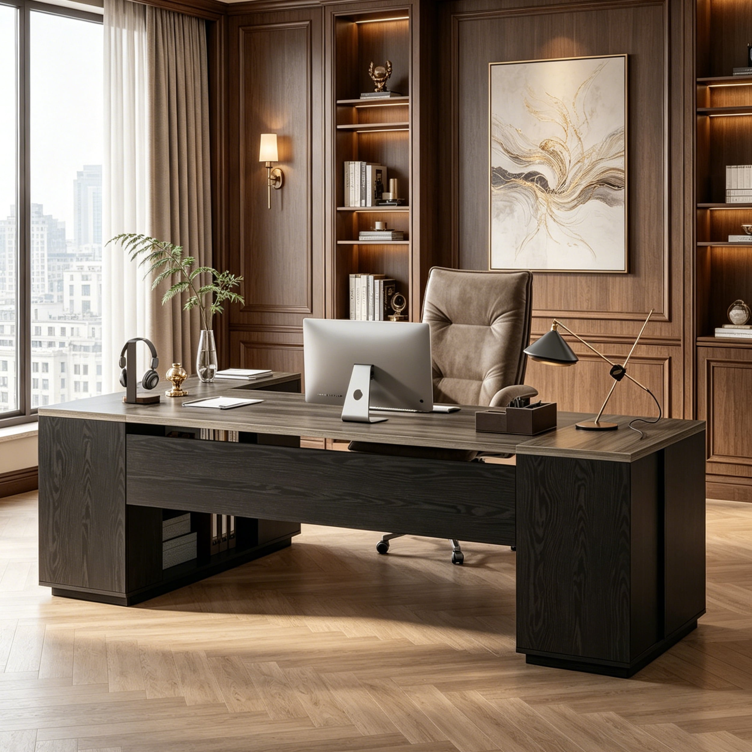 Fnova 85" L-Shaped Executive Desk with Storage Drawers, Modern Office Desk with Adjustable Shelves & File Cabinet, Extra Long Corner Computer Desk for Home Office
