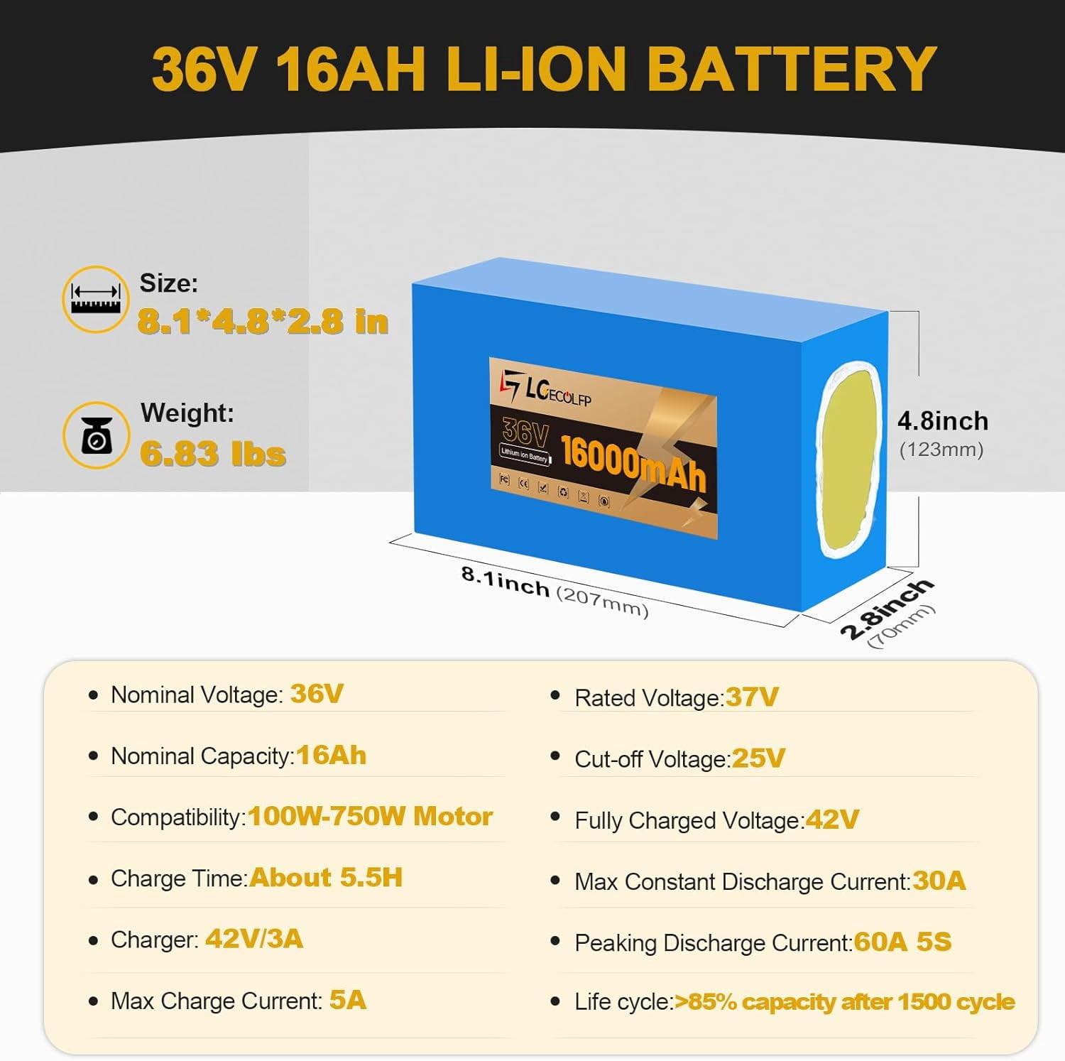 Ebike Battery 36V 16AH Lithium Battery Pack with 30A BMS for Electric Scooter Bicycles Motorcycle