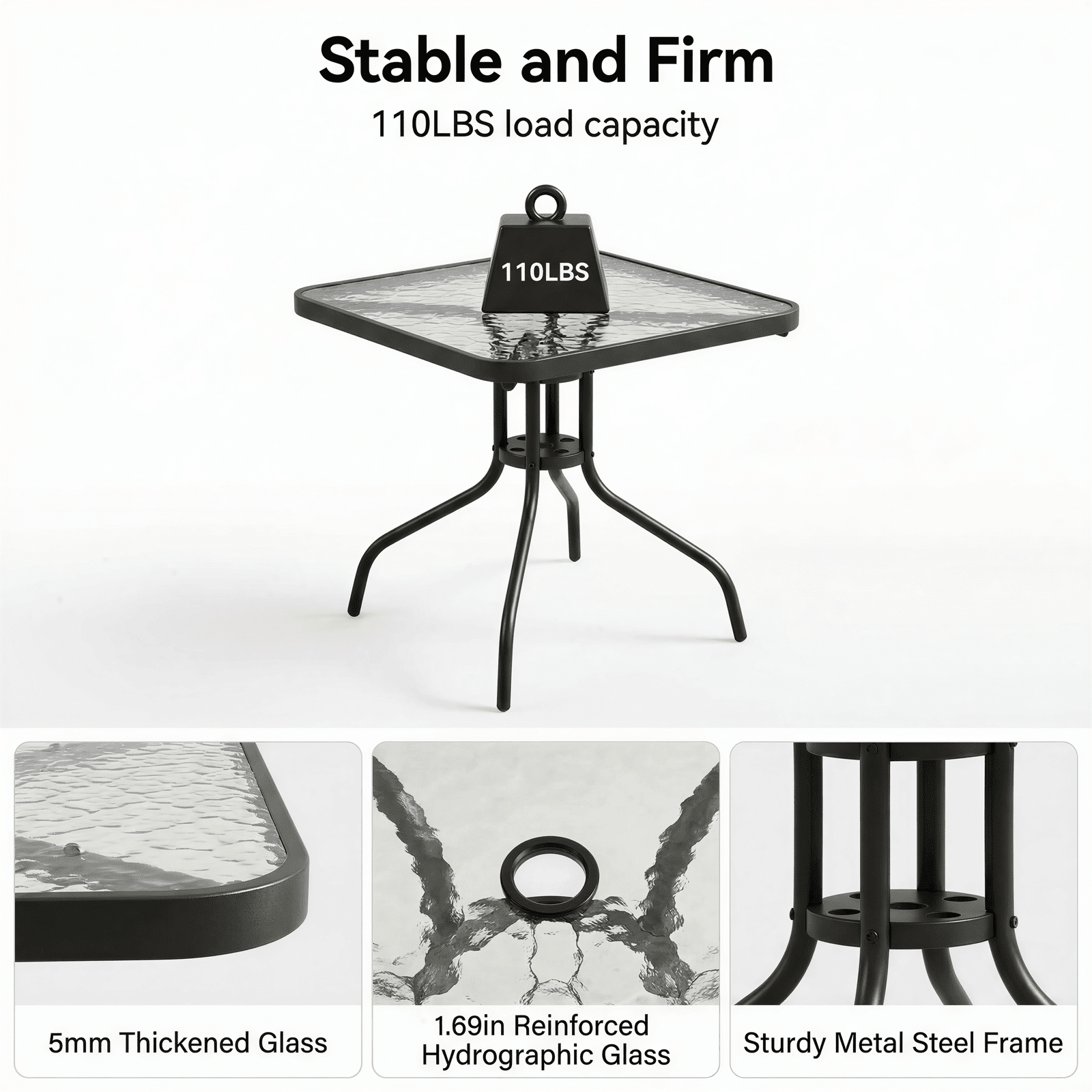 TLSUNNY Outdoor Patio Dining Set, Square Glass Table with Umbrella Hole & 4 Stackable Chairs, for Garden, Poolside, Backyard