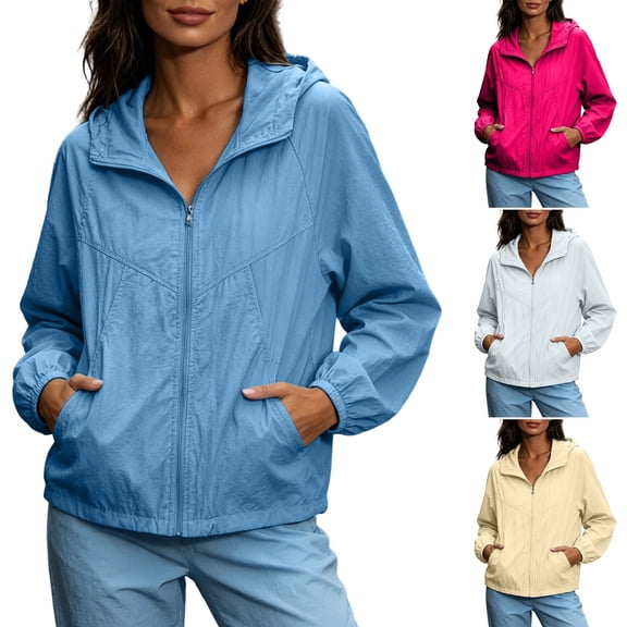 LEAVINGSUO Fall Jackets for Women Zip Up With A Hood Breathable And Versatile Solid Color Long Sleeves Coat Light Blue M
