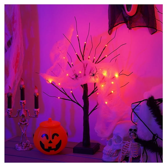 BOPORO Halloween Tree with Lights 24 LED Artificial Tabletop Spooky Tree for Witch Home Decoration