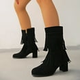 thumbnail image 3 of LOVZFMLL Cowboy Boots for Women Mid Calf Stovepipe Boots Side Zipper Round Toe Slip Resistant Mid Block Heel Fringe Fall Winter Boots, 3 of 5