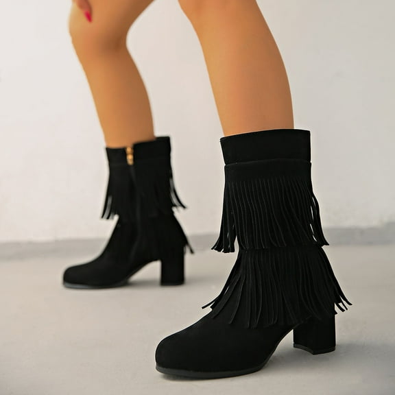 Bnwani Womens Boots Fashion Zipper High-Heel Thick Chunky High Mid-Calf Versatile Casual Tassel Boot Black Size 5.5