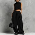 thumbnail image 5 of Trendy Outfits for Women 2 Piece Sleeveless Turtleneck Tank Crop Top & Wide Leg Baggy Pants Set with Pockets (XL, Black), 5 of 6
