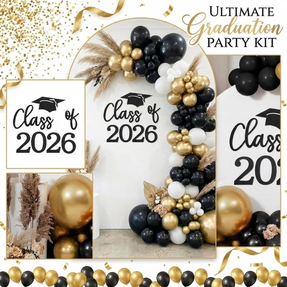 2026 Graduation, Graduation Party Decorations, Graduation Cap Decorations Kit, Balloon Arch, Black Metal Wall Decor, Indoor Gathering, Gold Black Tone, 1 Set