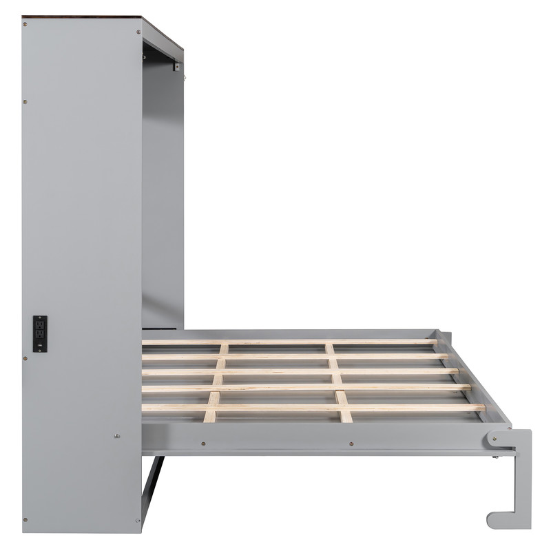 Queen Size Wood Murphy Bed with Hidden Folding Platfom Bed, Wall Cabinet Bed Frame with Shelf Top & Side Charging Station