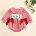 thumbnail image 2 of yocbz Long Sleeve Chiristmas Romper With Headband Newborn Infant Baby Girl Christmas Outfit Santa/Christmas Tree Embroidery Plaid Smocked Bubble Romper Ruffle Bodysuit Red,Size for 0-3 Months, 2 of 4