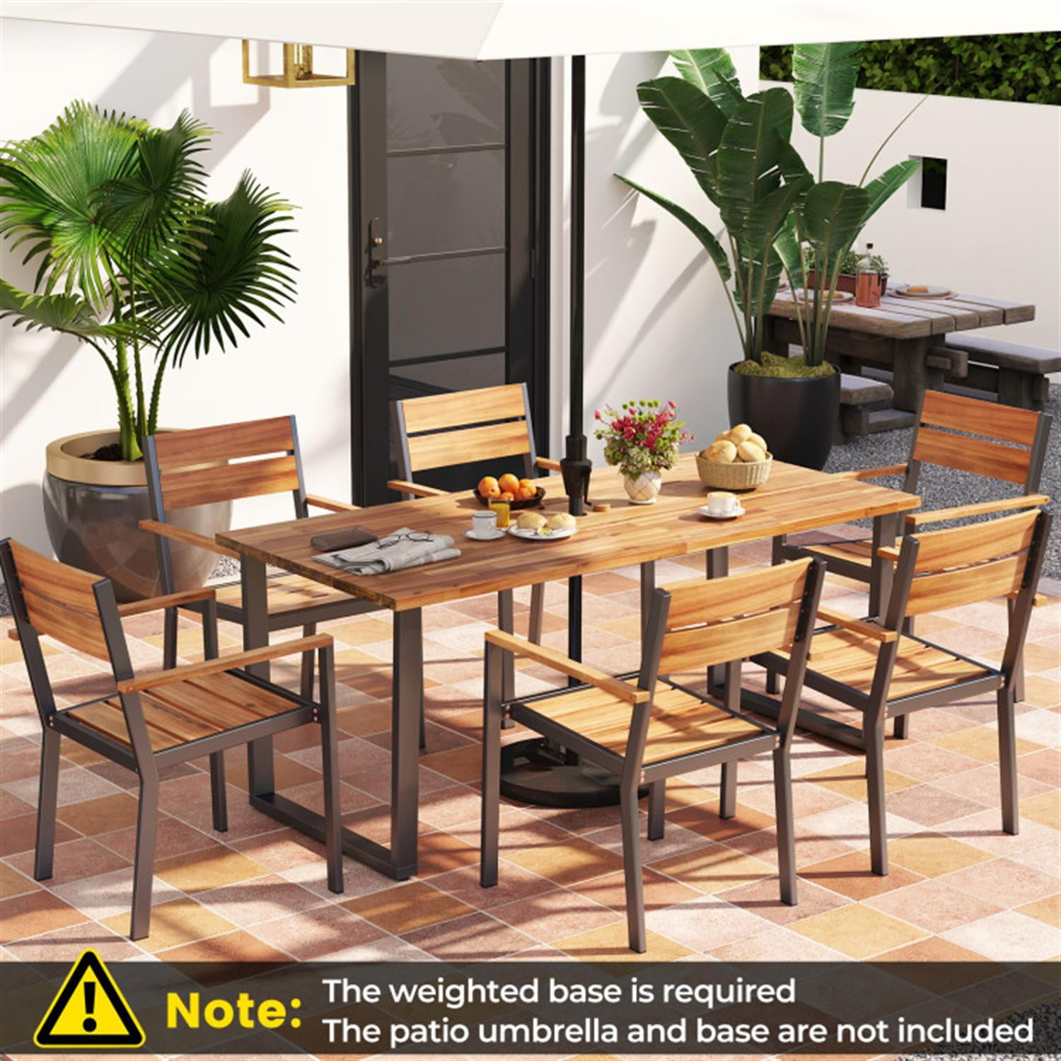 Demi Bonn 7 Pieces Acacia Wood Furniture Patio Outdoor Dining Set with Metal Frame and 2ches Umbrella Hole for Balcony Patio Garden Poolside, Brown