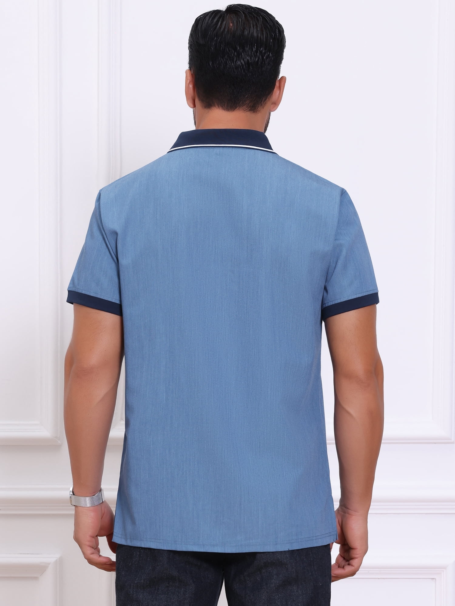 DARING DIVA Men's Short Sleeve Western Retro Stretch Color-Block Polo Shirts L Blue