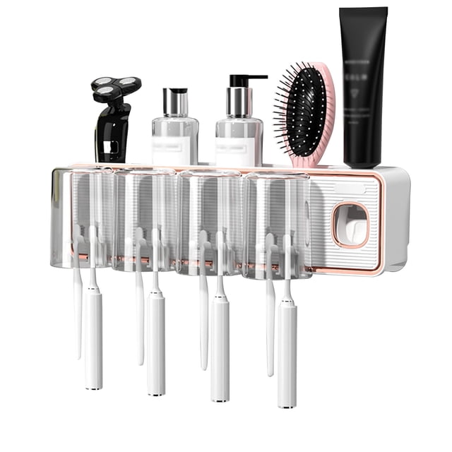 Toothbrush Holders For Bathrooms, Toothbrush Wall Mounted With Toothpaste Dispenser,With Toothbrush Cup,Tray Bathroom Toothbrush Toothpaste Dispenser