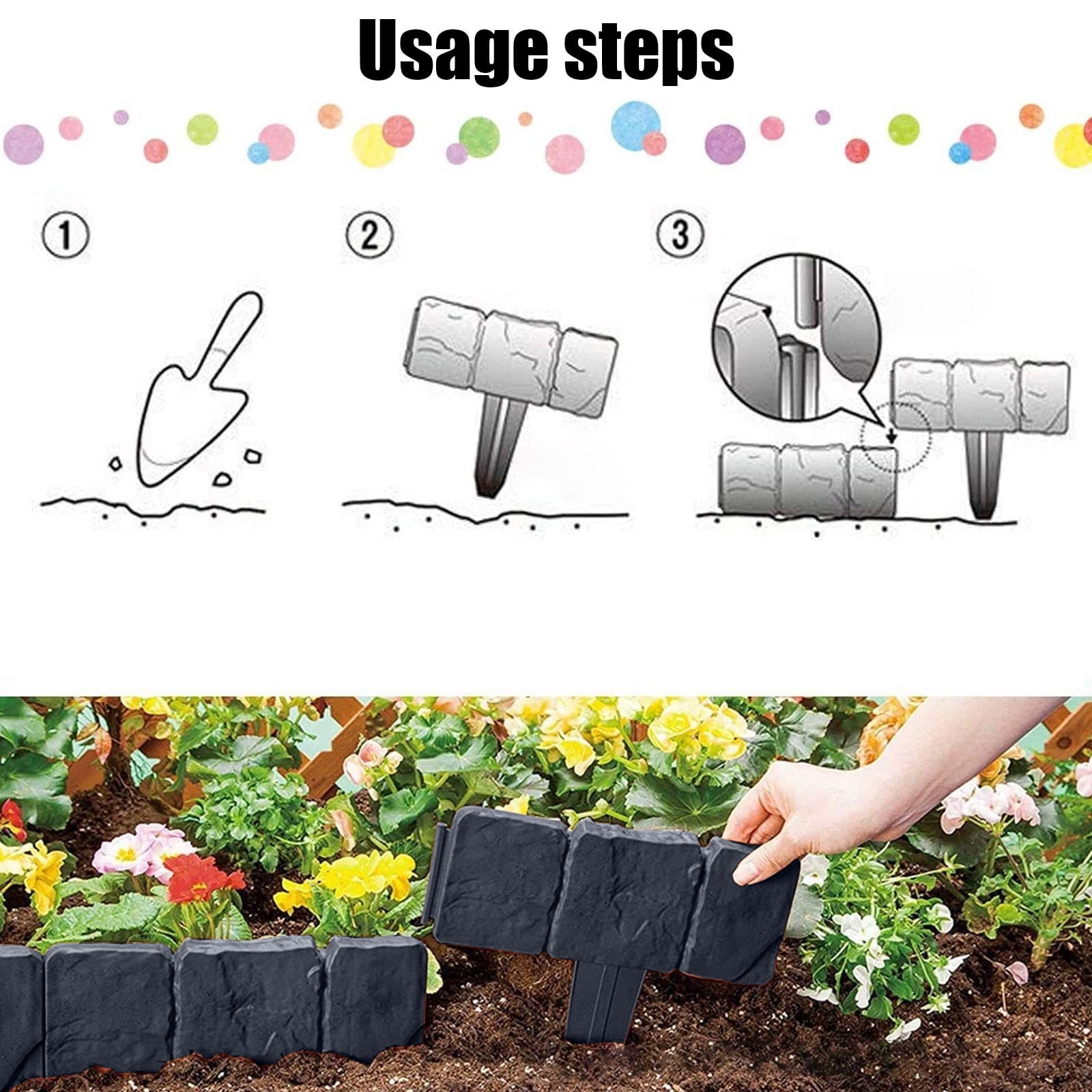 Garden Edging Border- Lawn Fence Plastic Cobblestone Effect Edging Lawn Trimming Garden Patio Decor