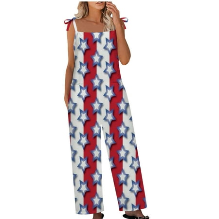 

Fanxing Jumpsuits for Women 2023 Stars and Stripes Rompers Summer Casual Boho Baggy Button Bib Overalls Plus Size Pants