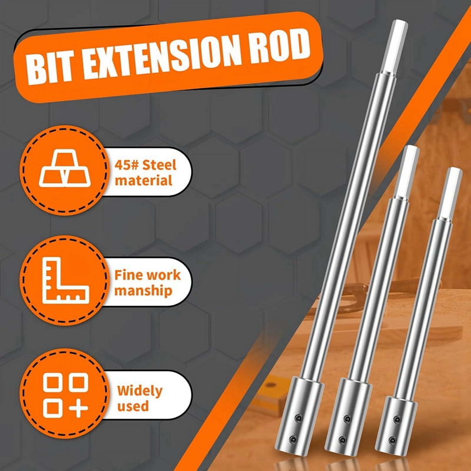 Forstner Bit Extension for 3/8Inch Round Shank, High-Carbon Steel Wood Spade Drill Bit Extender 3PCS