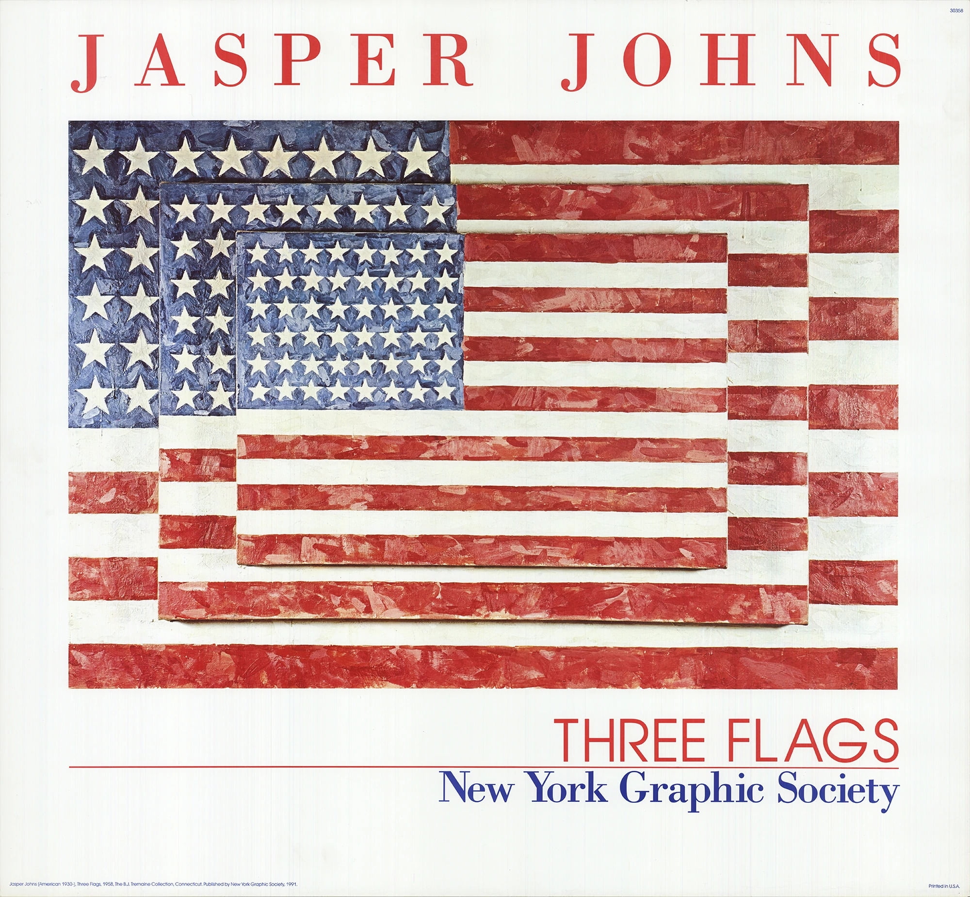 JASPER JOHNS Three Flags 26 x 28 Poster 1991 Pop Art Red, White, Blue