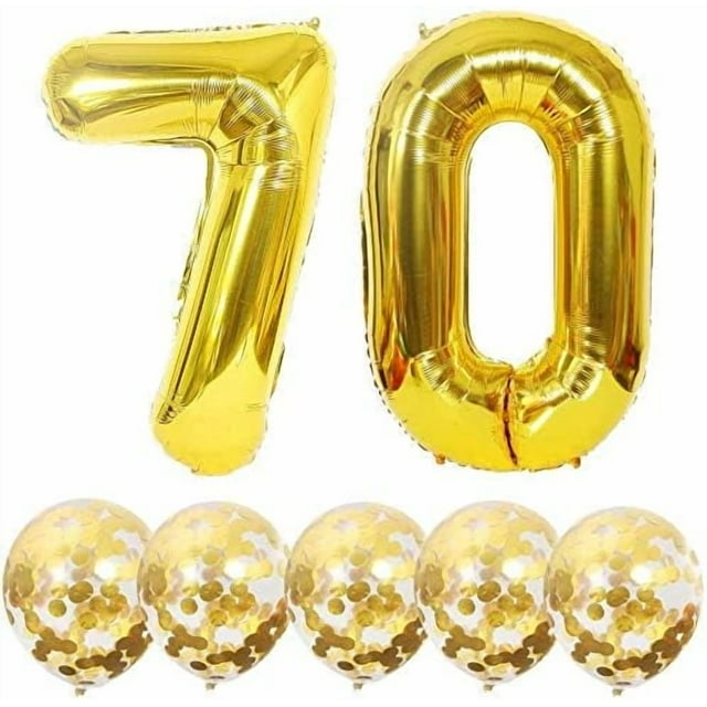 Number 70 and Gold Confetti Balloons, 40 Inch Gold Number 70 Balloon with 5PCS 12 Inch Gold Confetti Balloons for 70th Birthday Party Decorations 70th Anniversary Décor