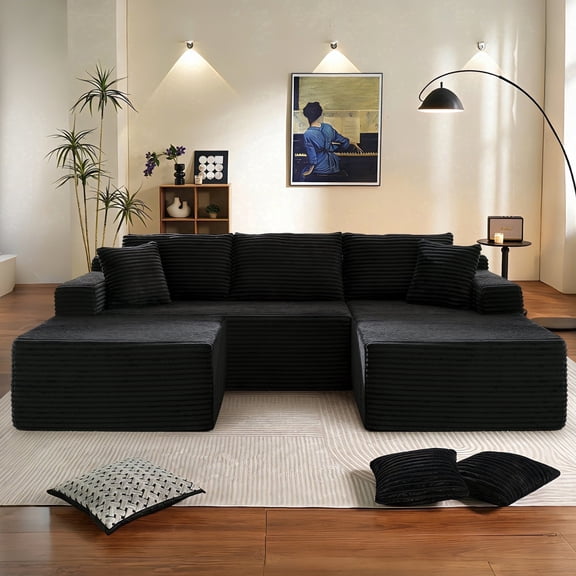 Muumblus Modular Sectional Sofa, Oversized U-Shape Cloud Couch, Modern Corduroy Sleeper Couches for Living Room, No Assembly Required, Black (Right Facing Chaise)