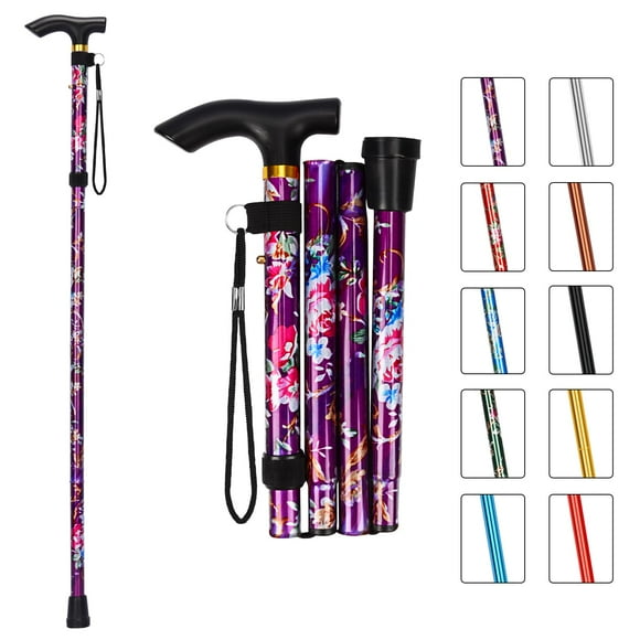 Bastón plegable MFE, portátil, ajustable en 5 niveles de altura, con diseño plegable, correa de muñeca y mango en T para hombres y mujeres, diseño floral morado.