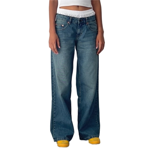 Pantalones vaqueros de pierna ancha for mujer, de talle bajo, holgados, pierna recta, pantalones de mezclilla for novio, pantalones vaqueros sueltos casuales, estilo niña Y2K