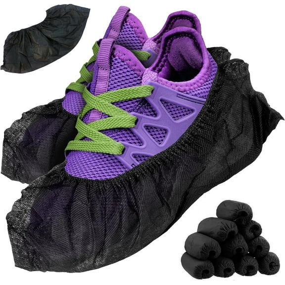 Black Disposable Shoe Covers for Indoors, 16 x 6 Inch. Pack of 100 Disposable Boot Covers with Secure Elastic, Seamless Bottom. Durable Polypropylene 35 GSM Booties to Cover Shoes