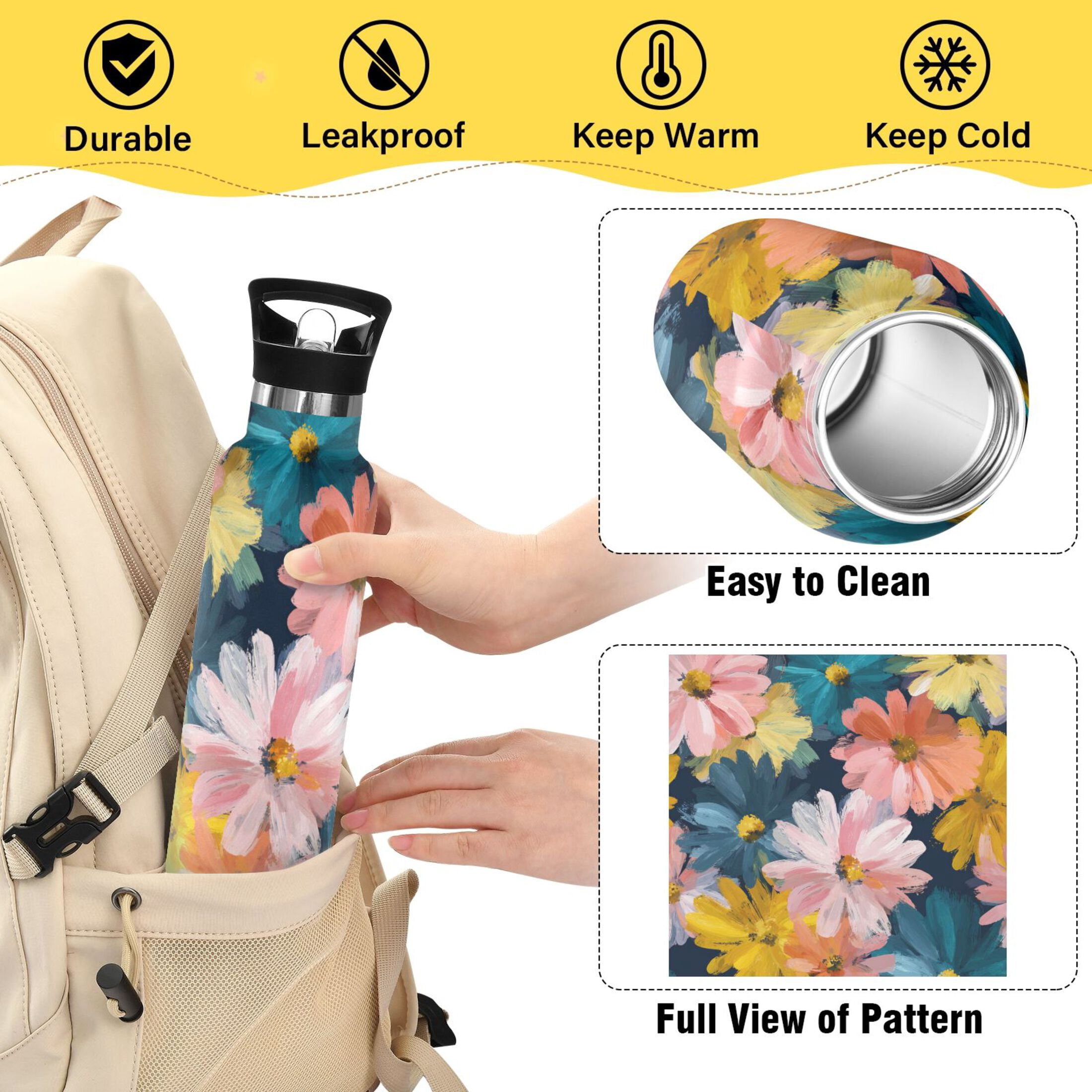Kids Insulated Stainless Steel Sports Water Bottle 600ml (20oz) Oversized Daisies