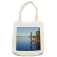 thumbnail image 1 of Landscape Tote Bag, Lakeside Photo with Calm Still Water and Small Country House Between Trees Peace, Cloth Linen Reusable Bag for Shopping Books Beach and More, 16.5" X 14", Cream, by Ambesonne, 1 of 2