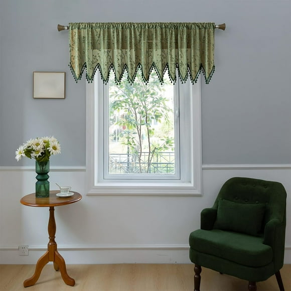 Cortinas bohemias con cenefa y borlas | Diseño vintage triangular | Poliéster semitransparente | Filtración de luz | Para decoración de dormitorio, baño, cocina y cafetería