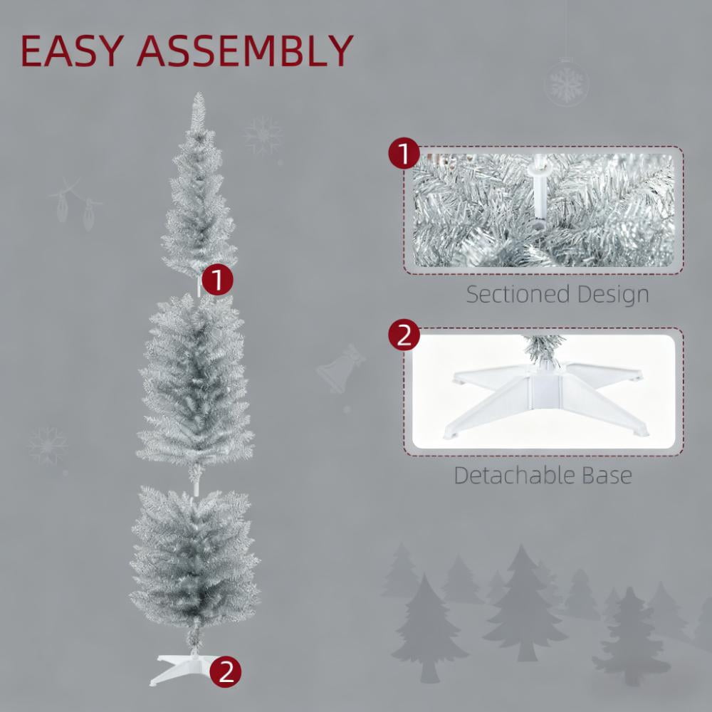 7ft Unlit Silver Pencil Christmas Tree 499 Tips Easy Assembly Plastic Base Small Space Holiday Decor