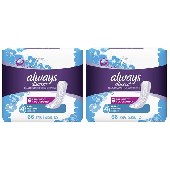 Always Discreet Incontinence Pads for Women, Moderate Absorb, 66 ct - 2 Pack