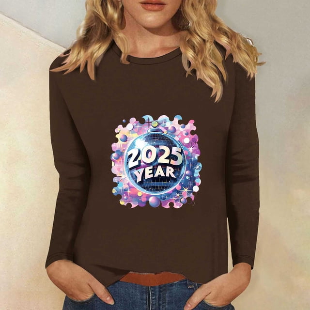 Styesk Chemises à Manches Longues pour Femmes Nouvel An T-shirt Décontracté Imprimé Col Rond Manches Longues