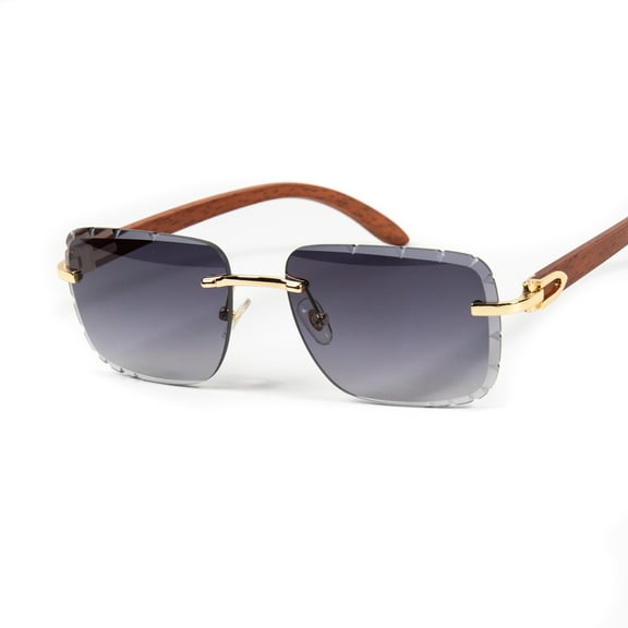 Rimless Gold Frame Purple Gradient Tint Diamond Cut Woodgrain Sunglasses​