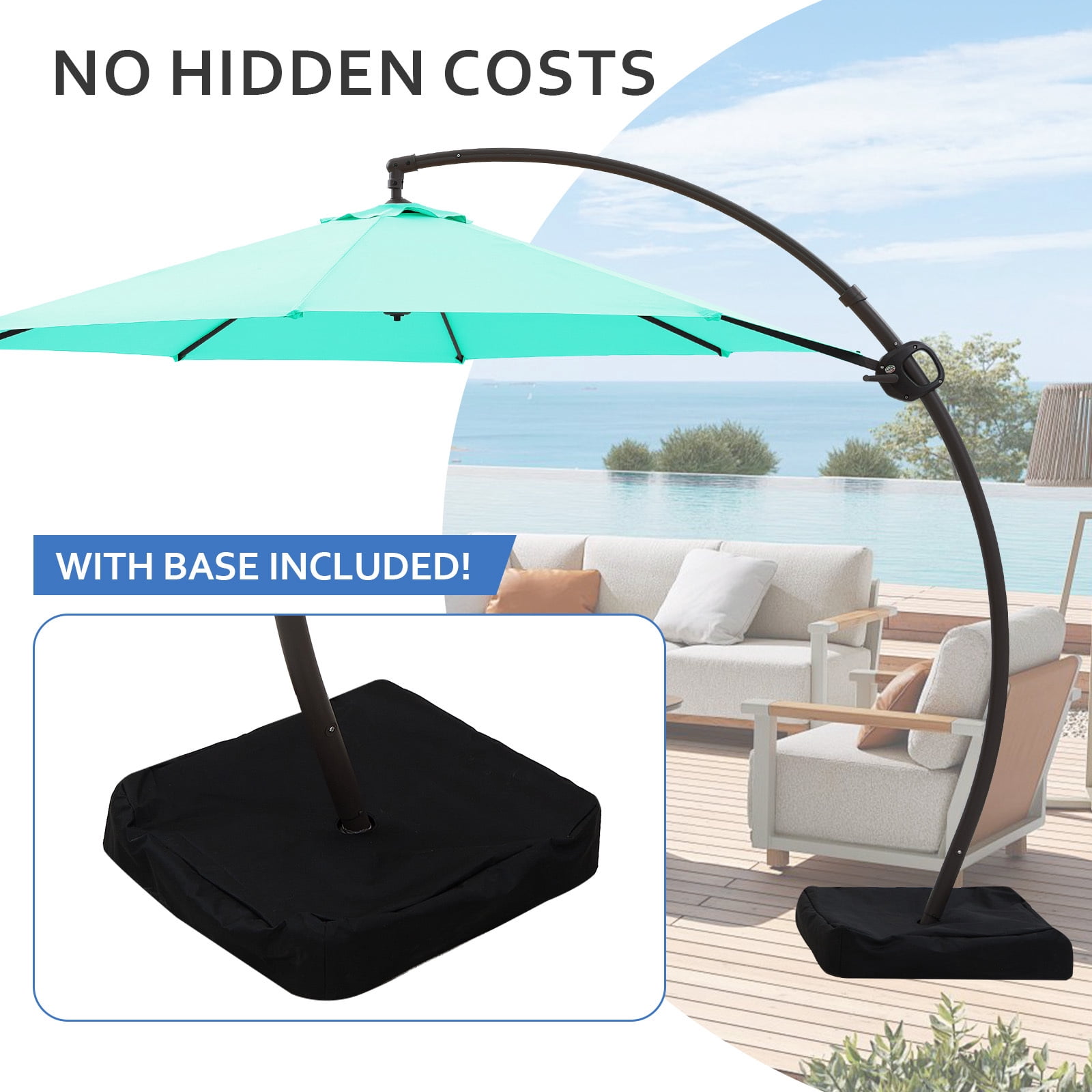 FUNDAZE 11ft Market Patio Umbrella with Base, Curved Cantilever Hanging Sun Shade with Crank & Tilt for Garden, Deck, Poolside,Turquoise