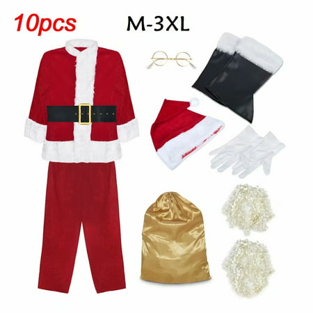 Complete Velvet Santa Suit 10-Piece Adult Costume M-3XL with Bag, Gloves, Bear, Wig -