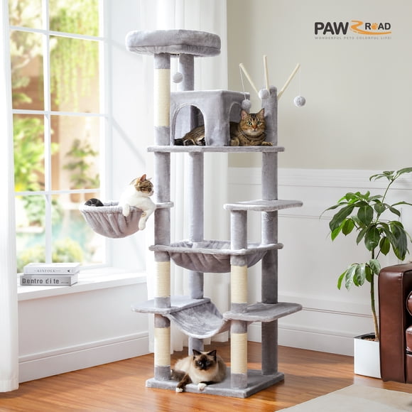 PAWZ Road 68" Large Cat Tree Tower with Big Hammock and Multiple Cat Toy Ball for Indoor Cats Gray