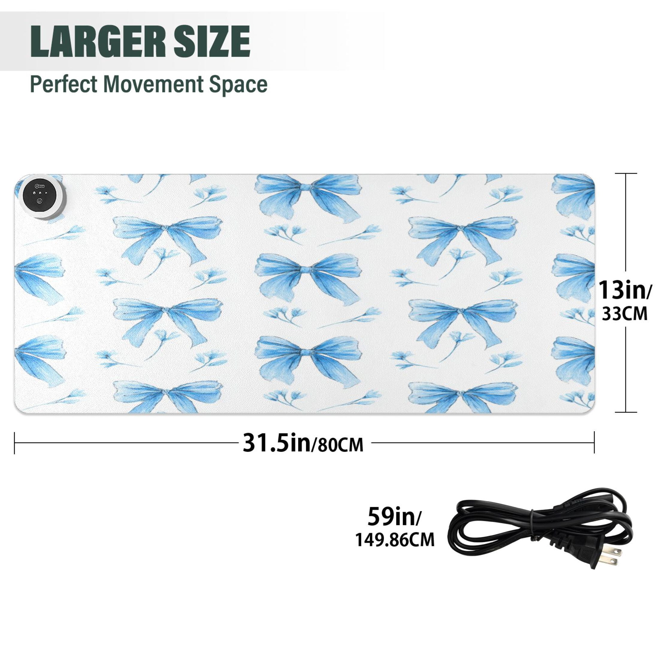 Large Heated Desk Mat Mouse Pad 31.5"x13"PU Leather Graphene Heating Desk Warmer with 3 Temperature Settings 110V US Plug Non-Slip Warm Pad for Home, Office, and Gaming Delicate Blue Bow Pairs