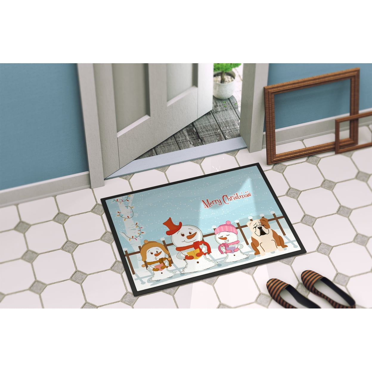 Carolines Treasures Merry Christmas Carolers English Bulldog Fawn White Door Mat Indoor Rug or Outdoor Welcome Mat 24x36