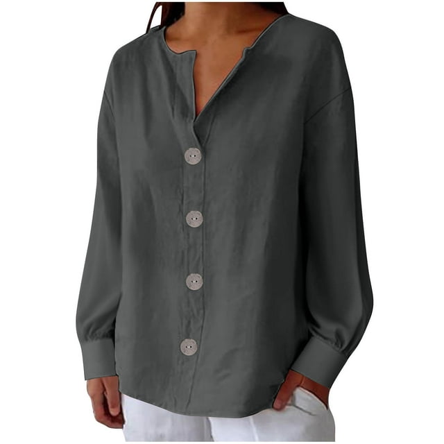 Womens Pullover Tops Spring Fall Clothes 2025 Long Sleeve Shirts Loose Festival Tops Solid Color V-neck Long Sleeve Loose And Linen With Decorative Buttons Top Blouse Plus Size Tops For Women Summer