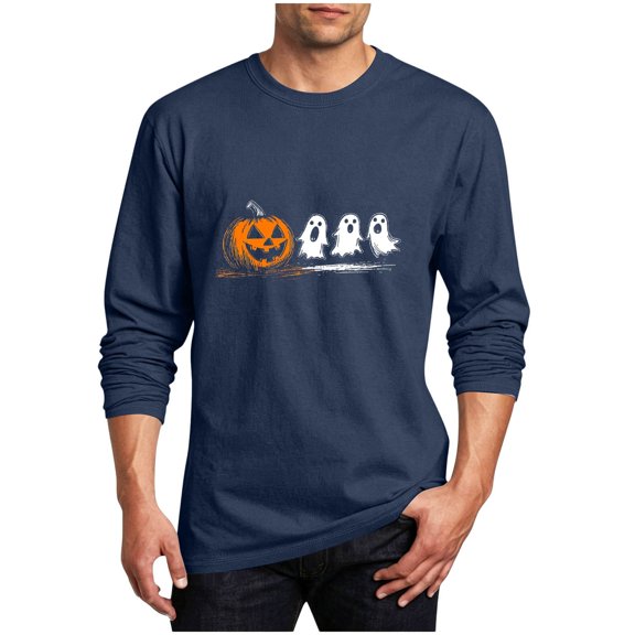 ThriftyPlait Funny Halloween Graphic Tee for Men Plus Size Long Sleeve Crewneck Shirt Casual Loose Fit Fall Top for Men