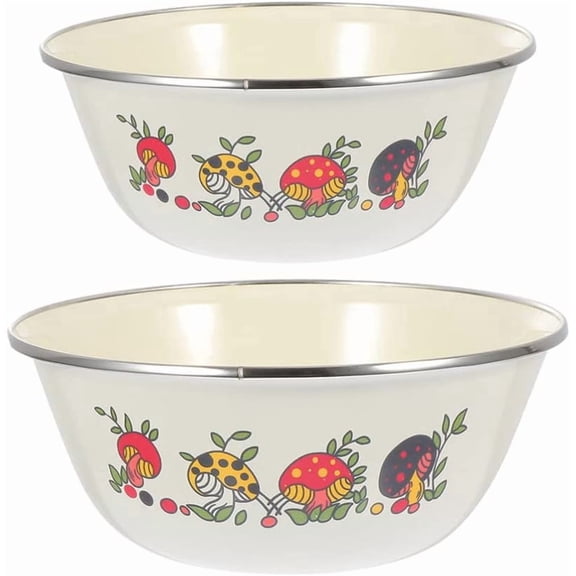 ABCISI Enamel Mixing Bowls Set of 2, 16 cm and 18 cm Round Enamelware Bowls with Mushroom Design, Non-Covered Storage Bowls for Salad, Soup, Ramen, Mixing and Kitchen Use