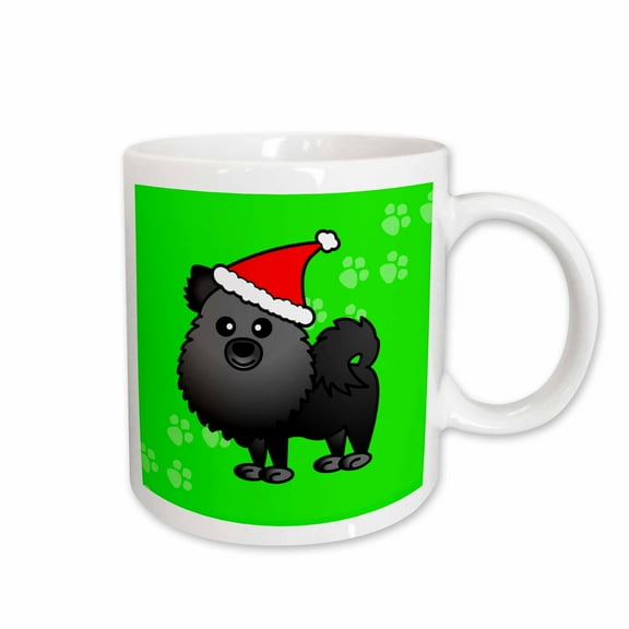 3drose, Cute Black Pomeranian Green with Santa Hat, 15oz Mug