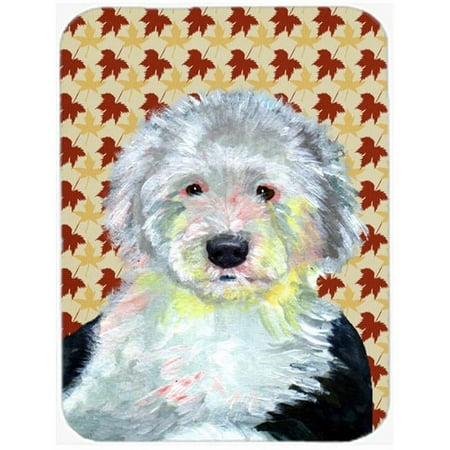 

Old English Sheepdog Fall Leaves Portrait Glass Cutting Board - Large