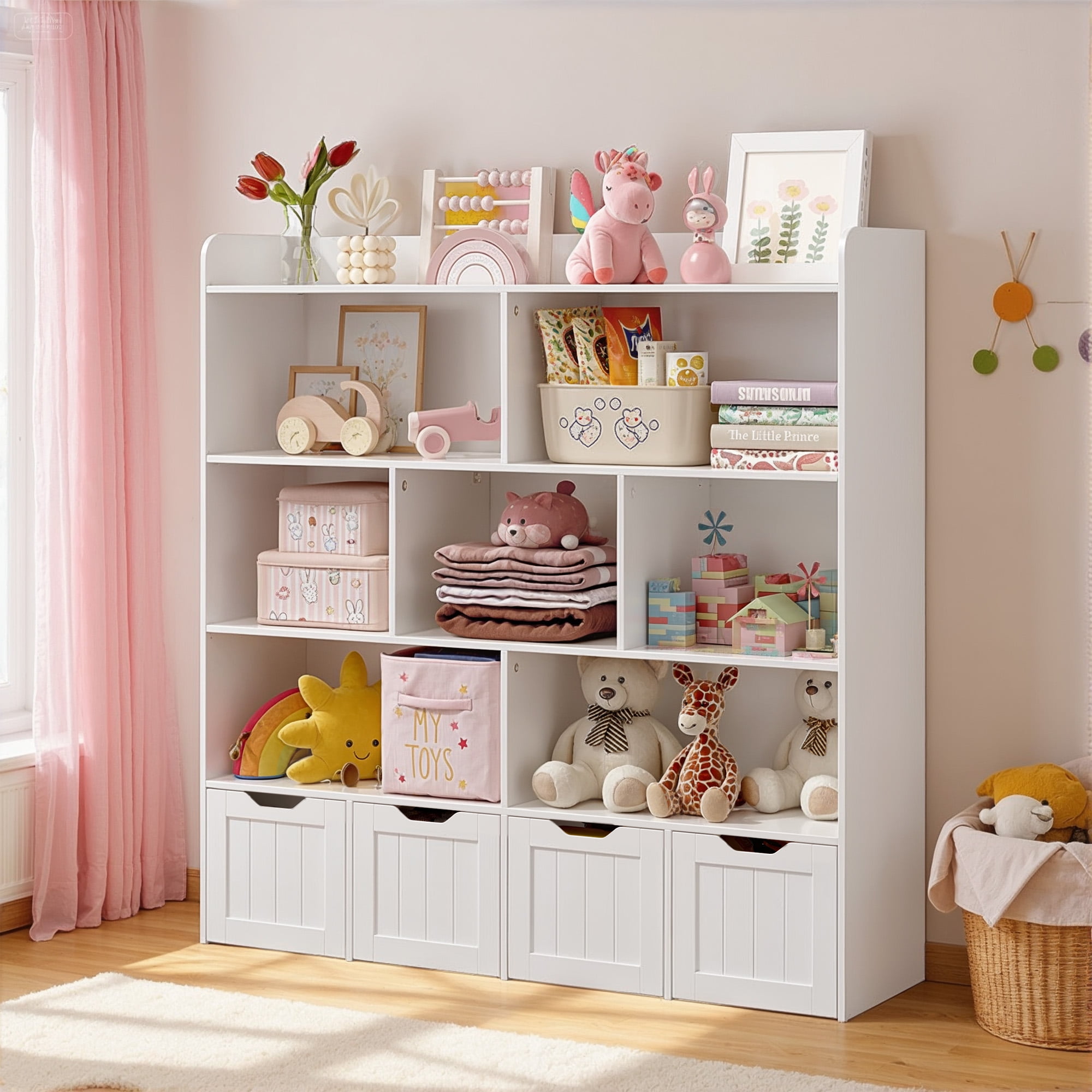 Lofka Kids Bookshelf and Toy Storage Organizer with7 Storage Cubes, 4 Movable Bins & Raised Edge Top, White