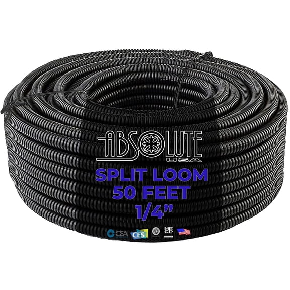 Absolute USA SLT14-50 Split Wire Loom Tubing, 1/4" x 50 Ft Black Corrugated Polyethylene Cable Conduit for Wire Protection