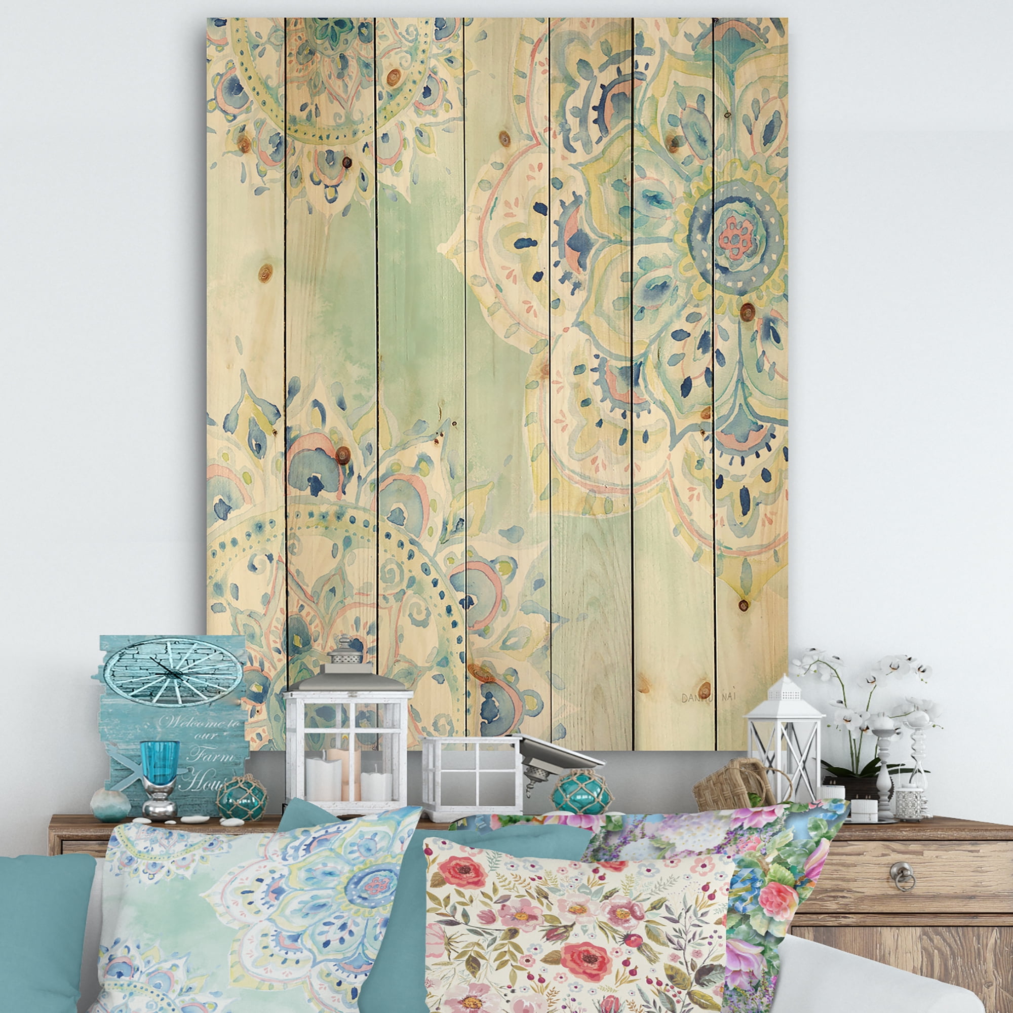 Designart 'Watercolor mandalas IV' Floral & Botanical Print on Natural Pine Wood