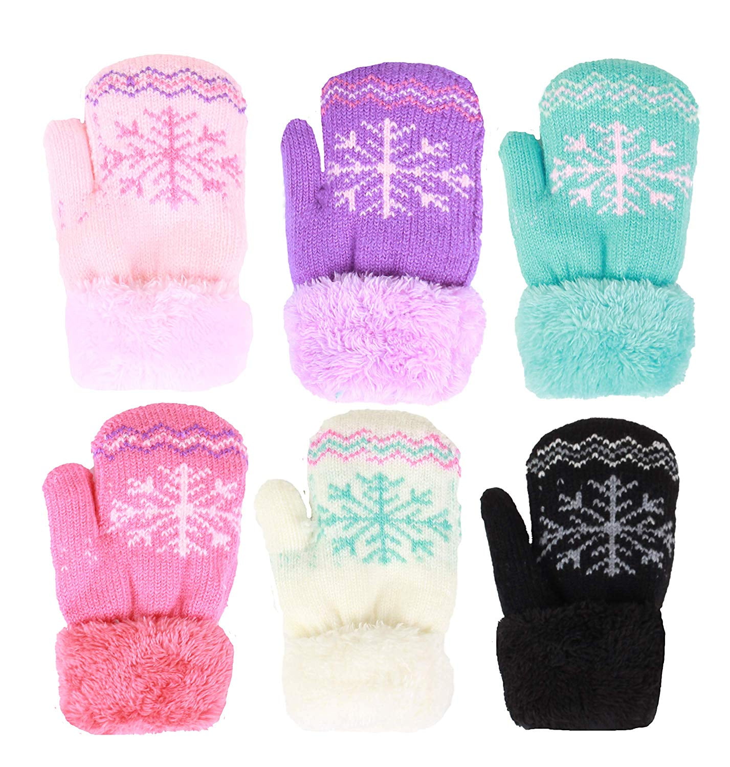 Infant-Toddler 2-3 Years Soft And Warm Fuzzy Interior Lined Mittens 6-Pack