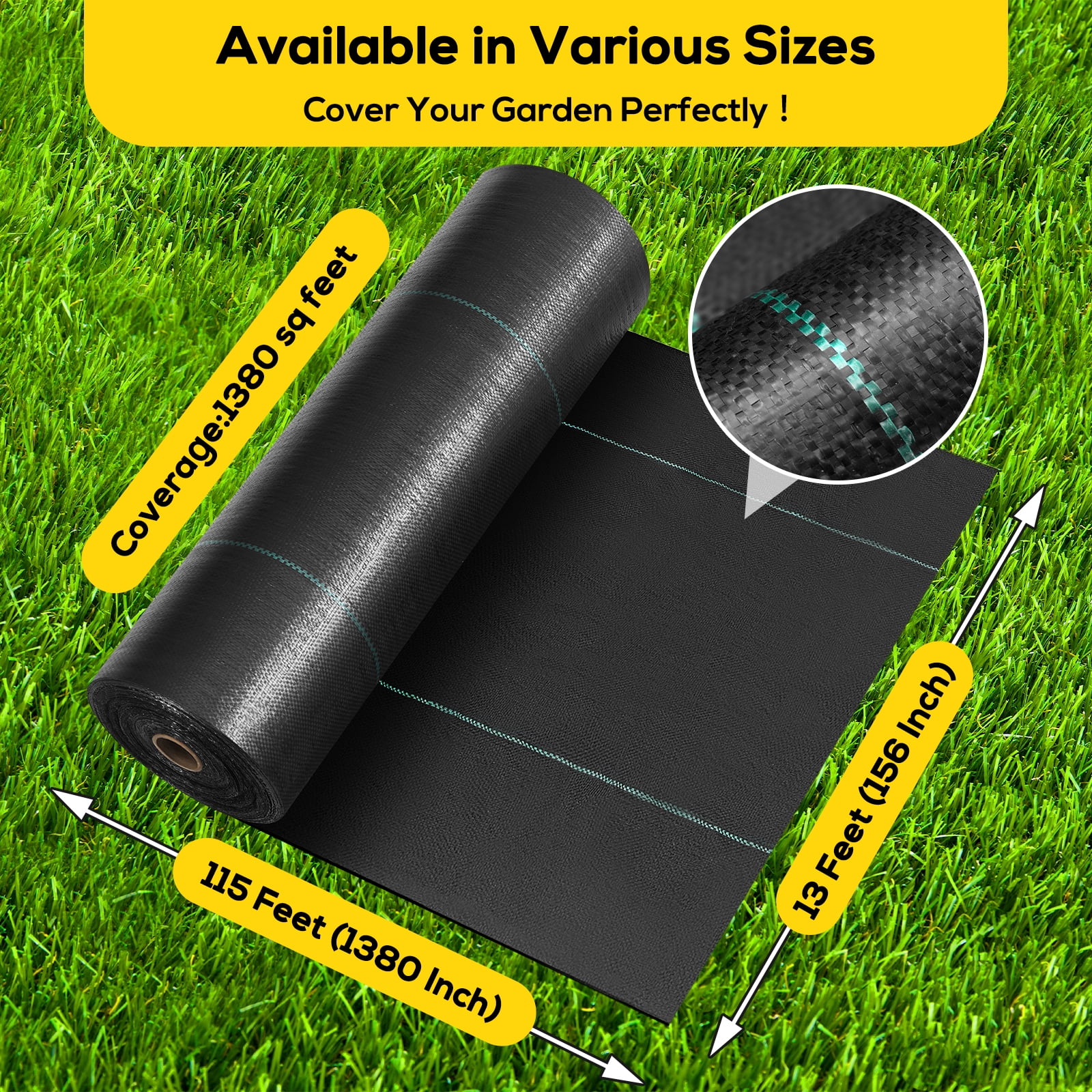 TrumanPick 13 x 115 FT Weed Barrier Landscape Fabric with Stakes - 3.2oz Heavy Duty Woven Weed Block - Commercial Grade Ground Cover for Garden, Flower Beds, Walkway & Driveway Underlayment