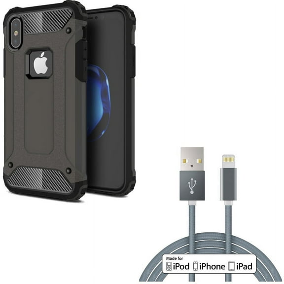 MFi USB Cable w Case for iPhone XS/X - 6ft Certified Charger Cord Power Wire, Hybrid Slim Fit Cover Reinforced Bumper Shock Absorbent for iPhone XS/X